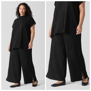 NWOT Eileen Fisher Wide-leg Plissé Trousers Black Crinkle Elastic Pull On 1X